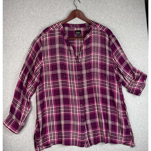 SIMPLY EMMA Plus Woman Size 2X Purple Plum Plaid Blouse Sparkle Tab Sleeve - Picture 1 of 12
